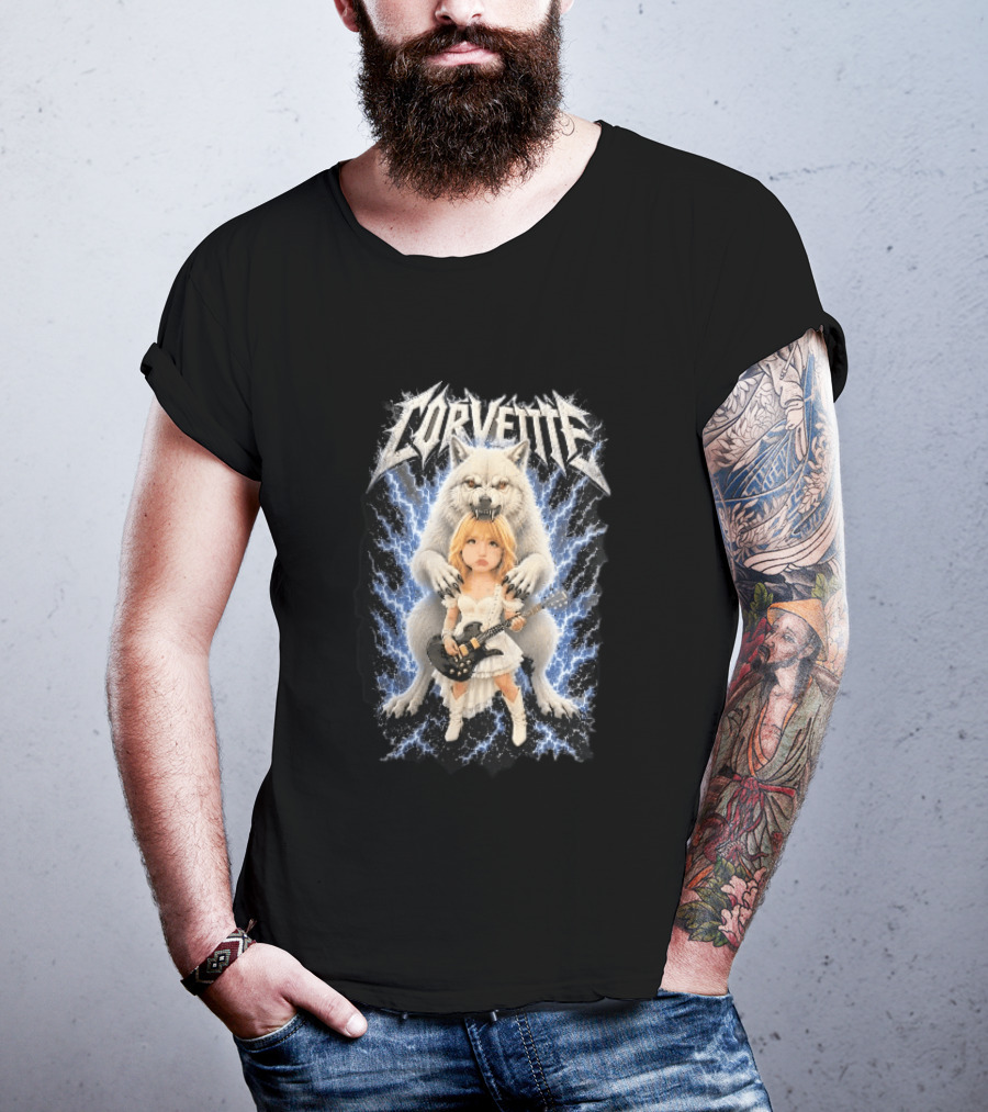 Corvette Chibi Blonde With Electric Guitar White Wolf And Lightning Heavy Metal T-Shirt