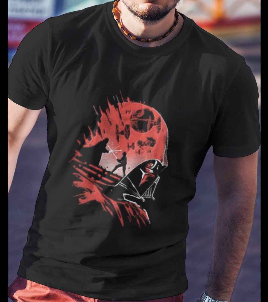 Darth Vader Luke Skywalker Lightsaber Duel Death Star TIE Fighters Red Stencil T-Shirt