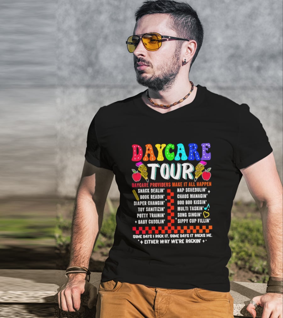 Daycare Tour Snack Dealer Nap Specialist Boo Boo Healer Puppet Creator Fun Expert Song Machine T-Shirt