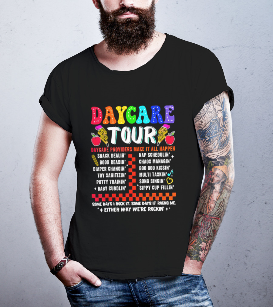 Daycare Tour Snack Dealer Nap Specialist Boo Boo Healer Puppet Creator Fun Expert Song Machine T-Shirt
