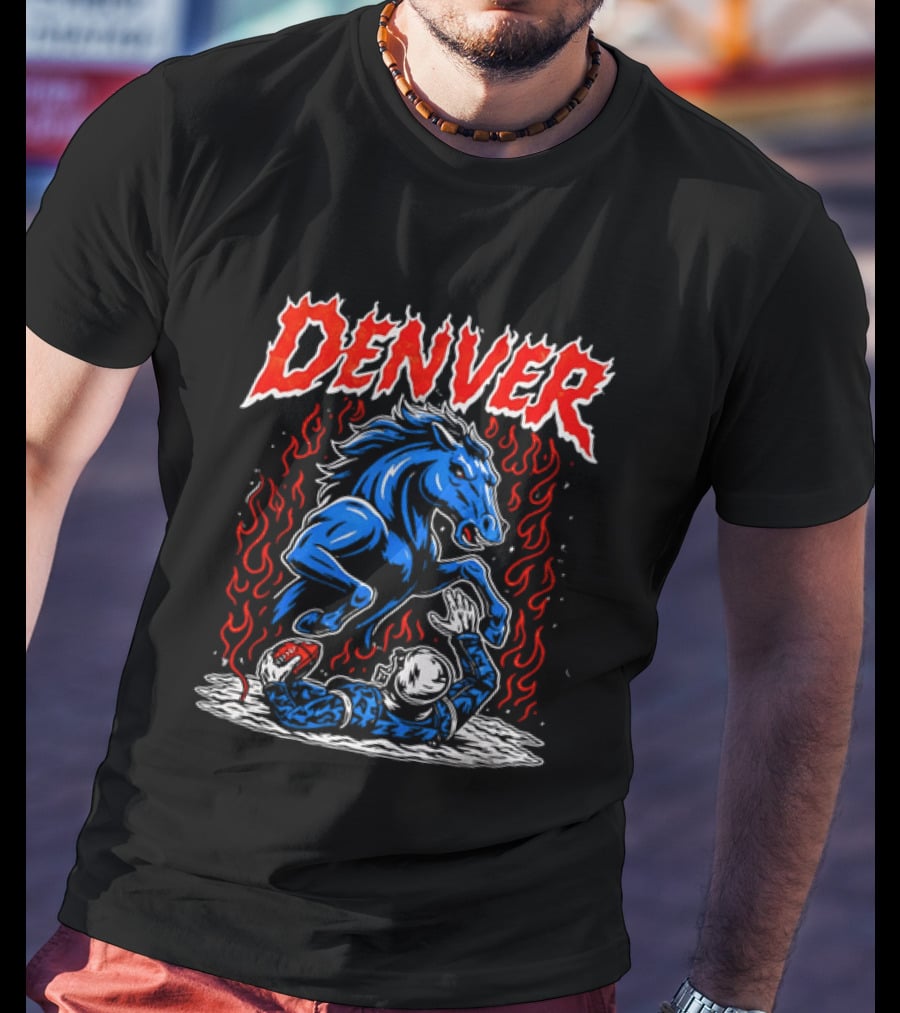Denver Broncos Blue Horse Fire Football Player Flame T-Shirt