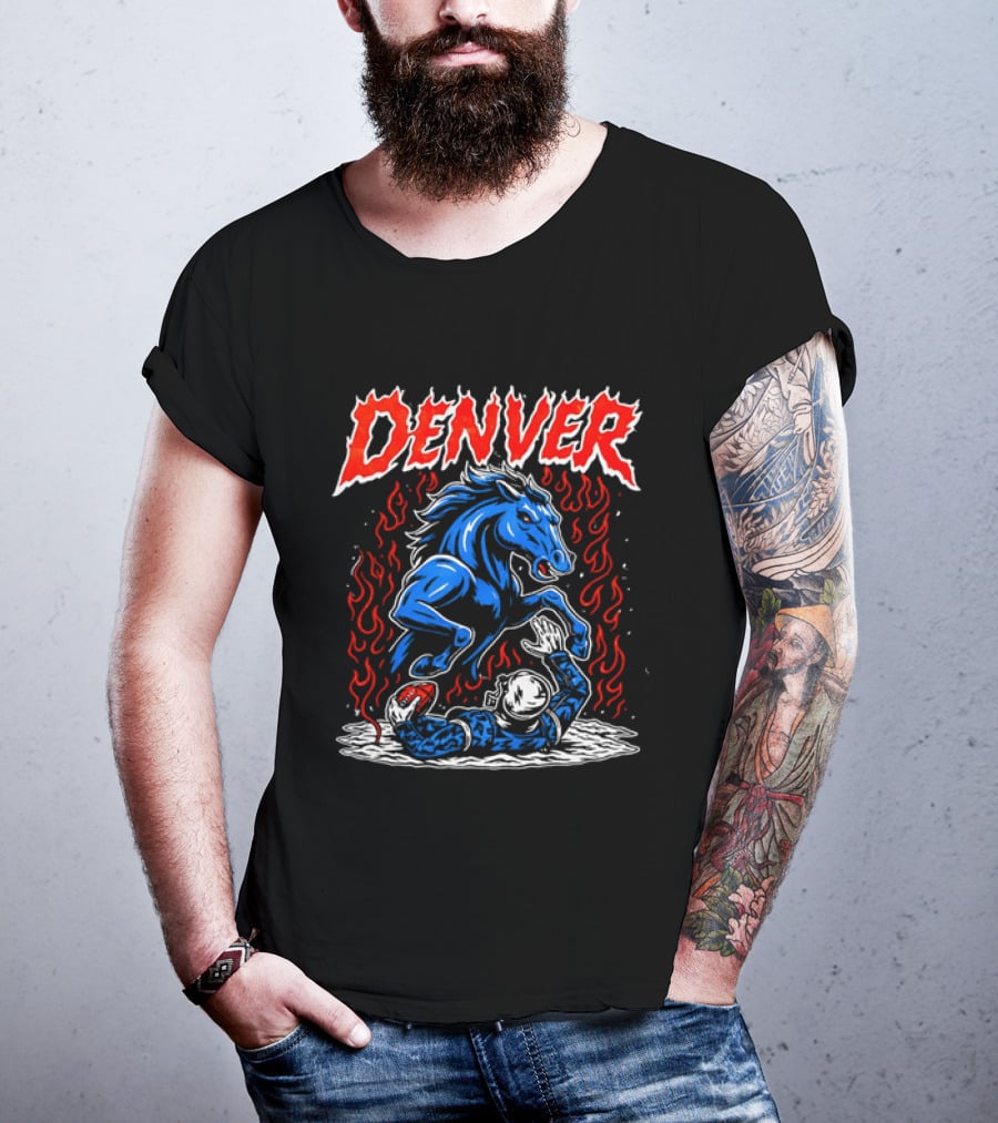 Denver Broncos Blue Horse Fire Football Player Flame T-Shirt