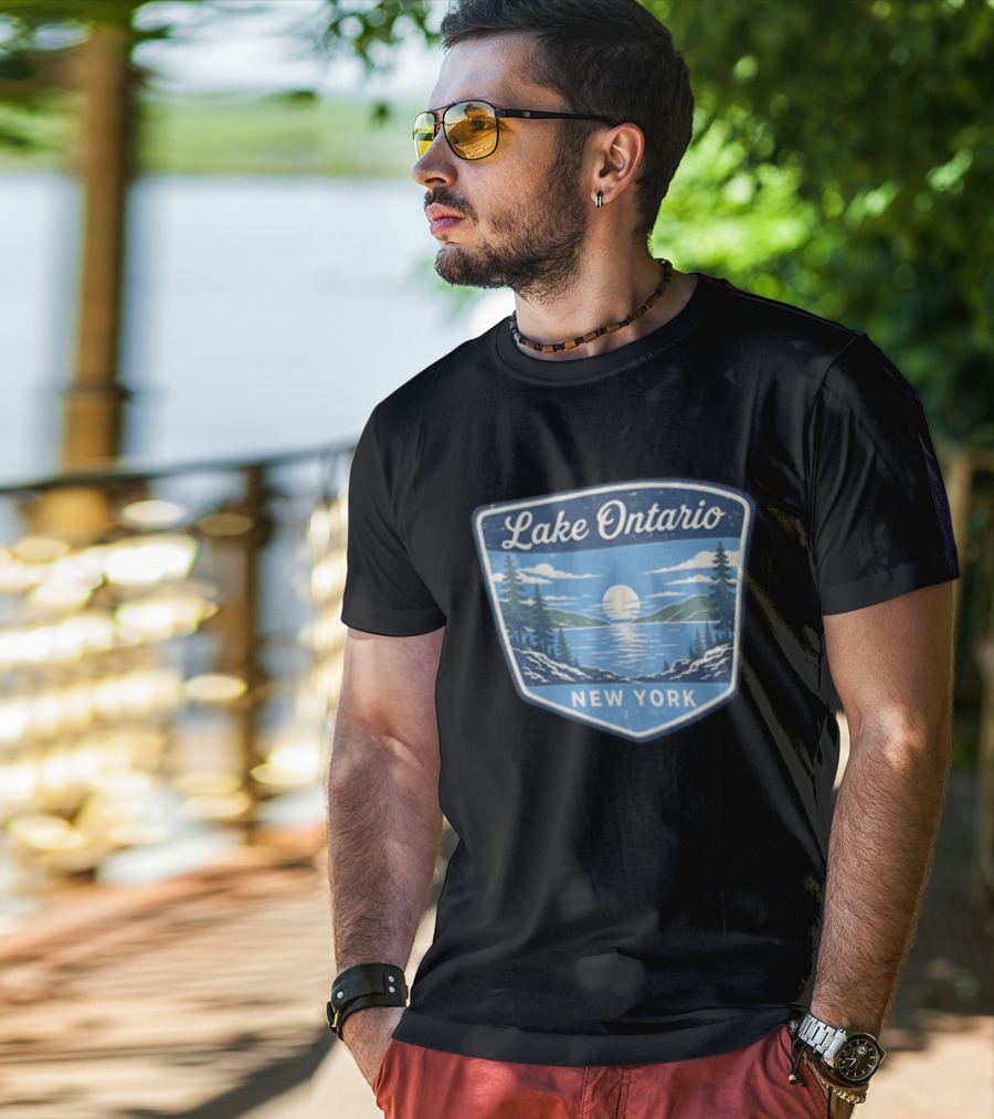 Lake Ontario New York Scenic Nature Badge With Trees And Lake Scene T-Shirt