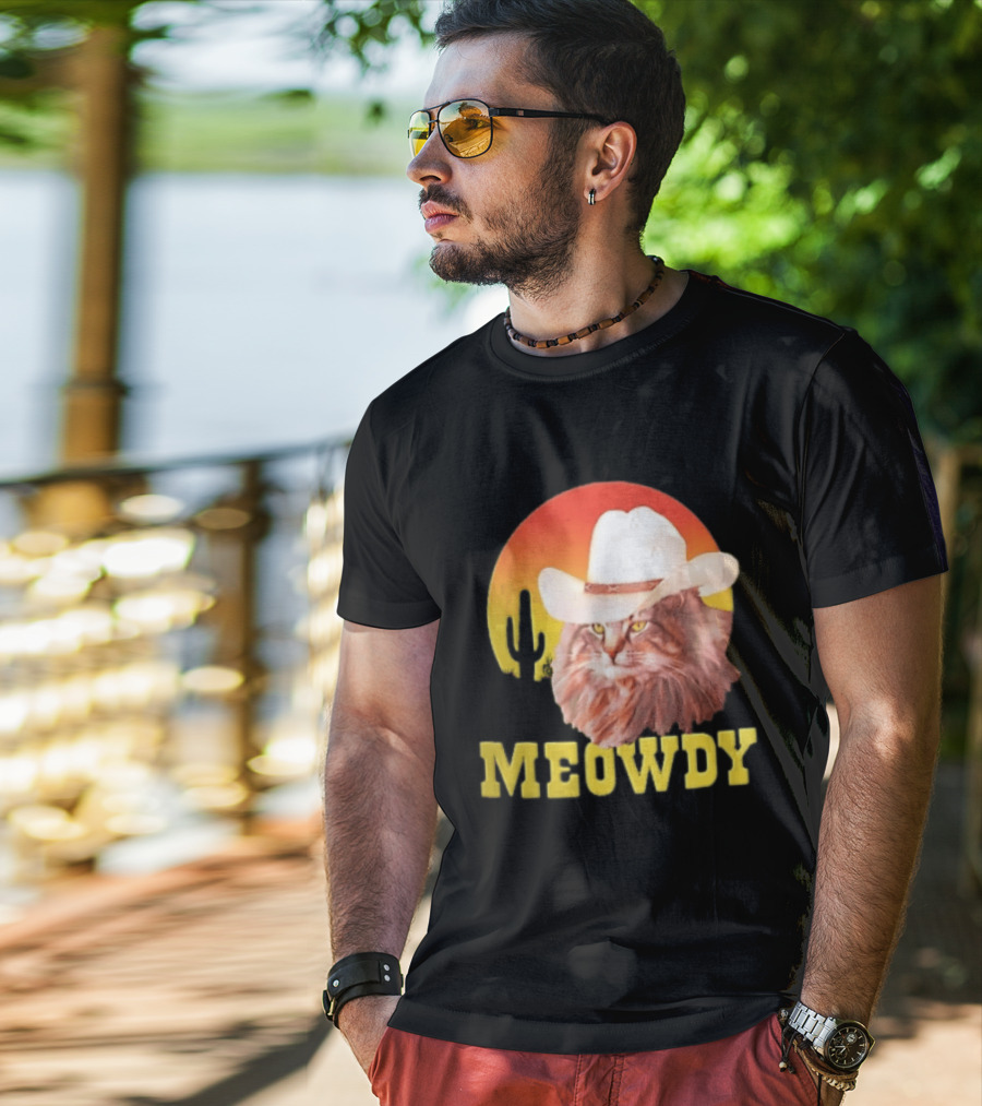 Meowdy Cowboy Cat In White Hat With Sunset And Cactus T-Shirt