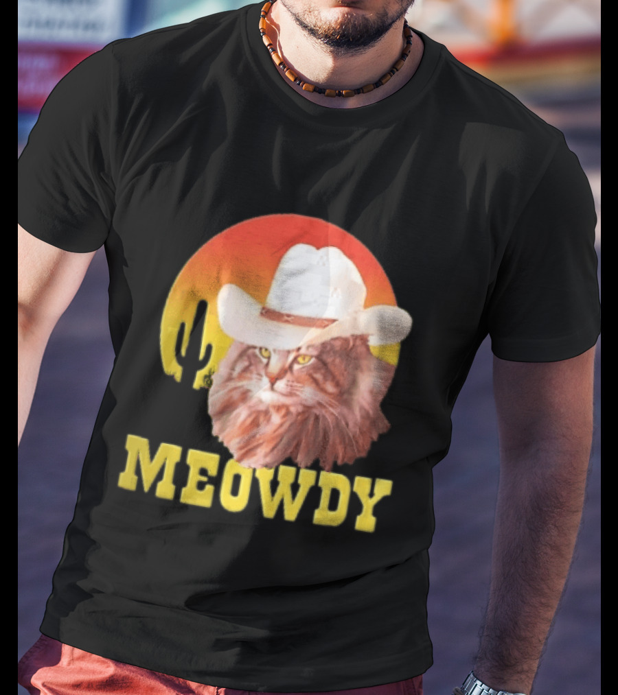 Meowdy Cowboy Cat In White Hat With Sunset And Cactus T-Shirt