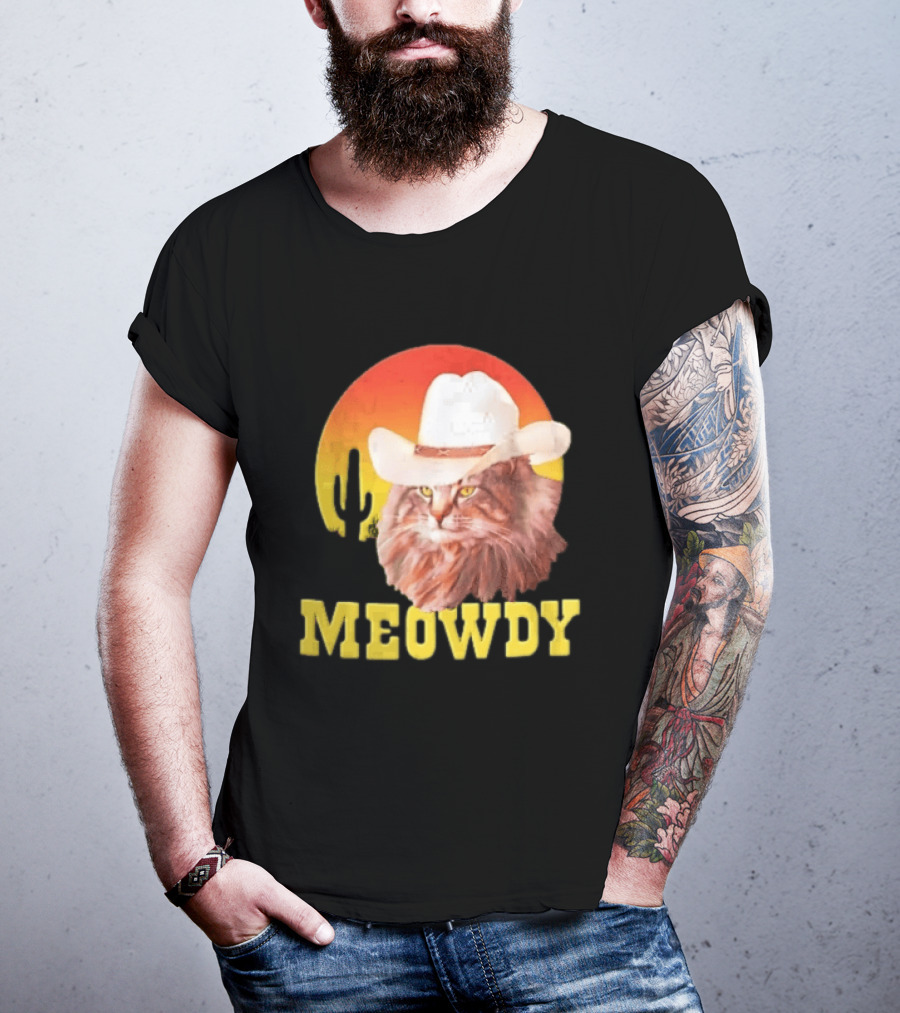 Meowdy Cowboy Cat In White Hat With Sunset And Cactus T-Shirt