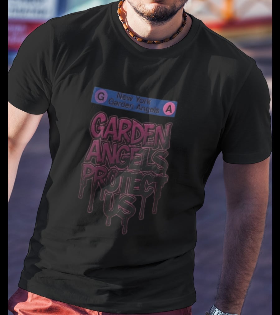 New York Garden Angels Protect Us Dripping Graffiti Subway Sign T-Shirt