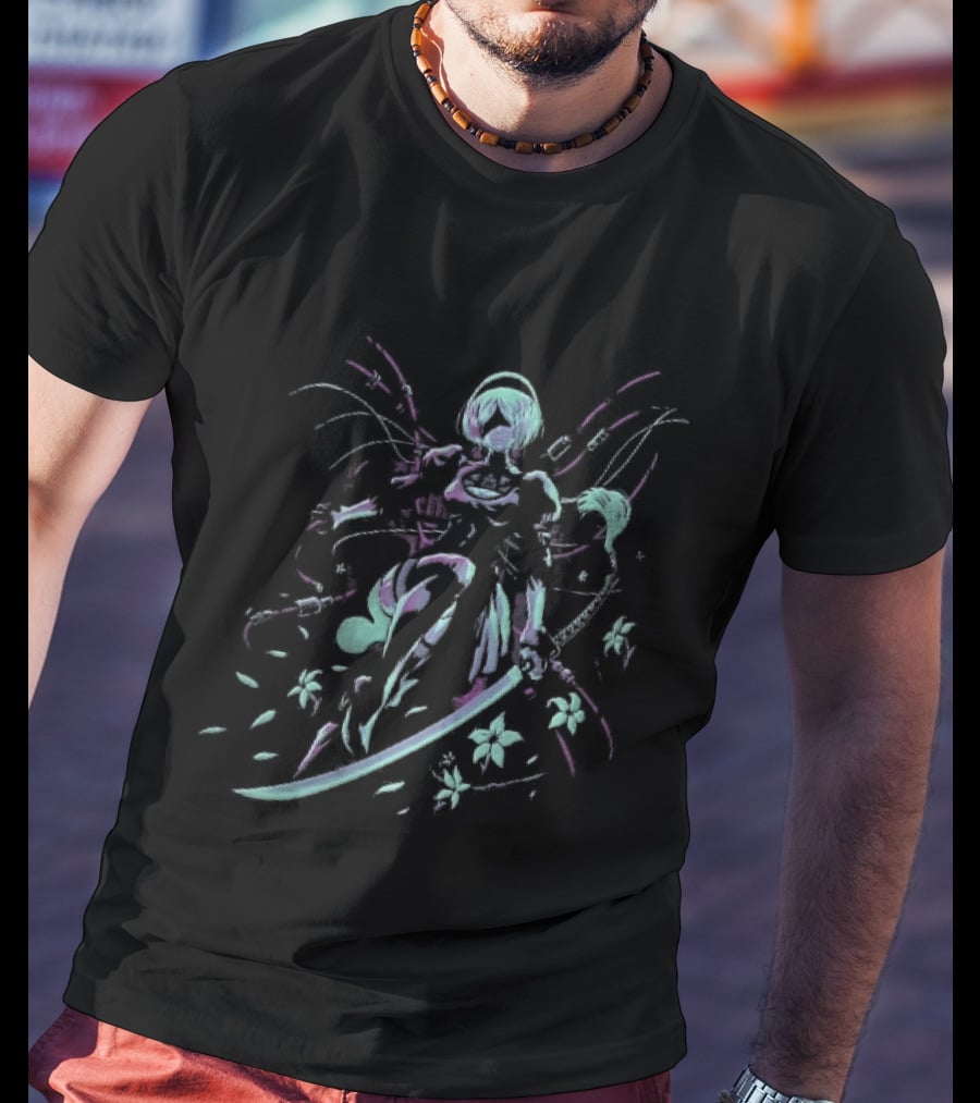 NieR Automata 2B With Pastel Sword And Flower Motif T-Shirt