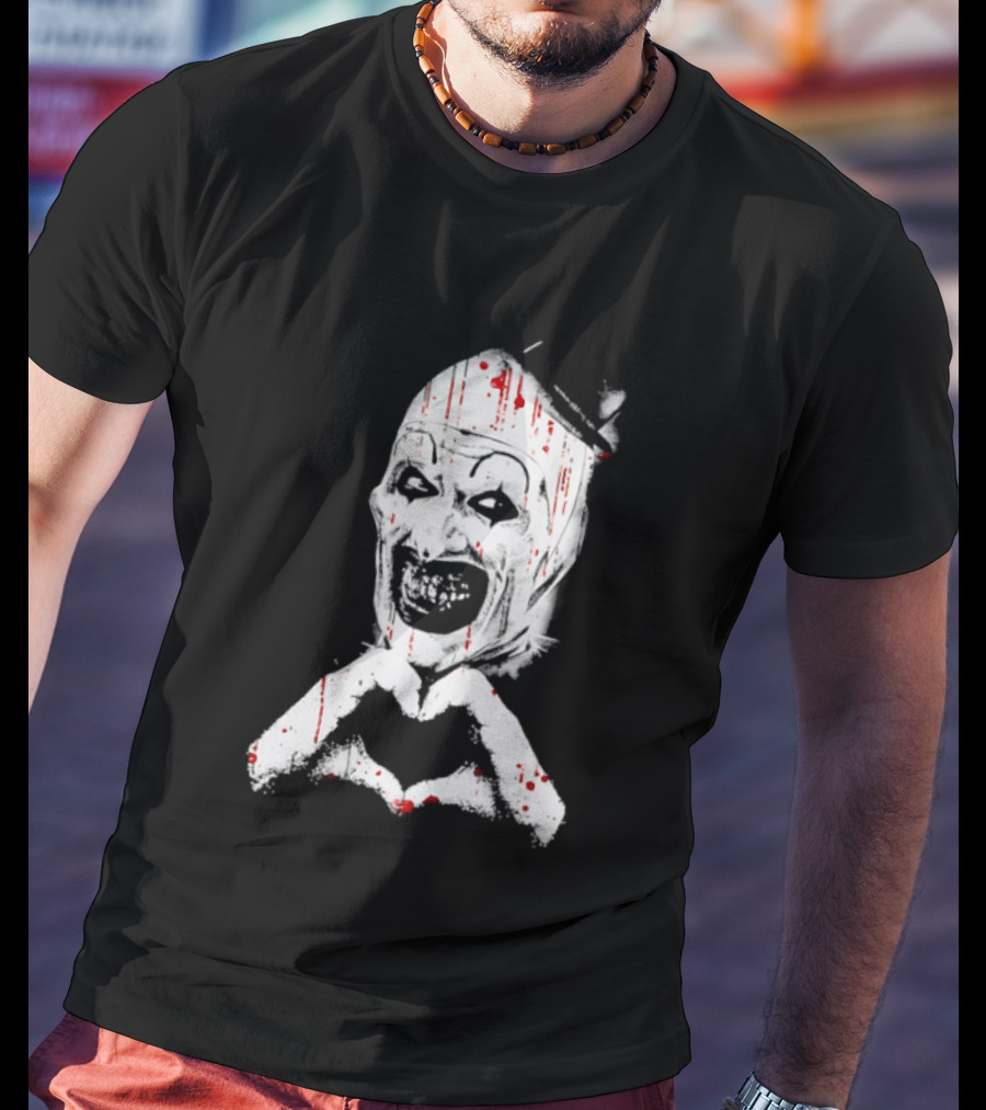 Terrifying Clown With Creepy Heart Hands And Bloody Accents T-Shirt