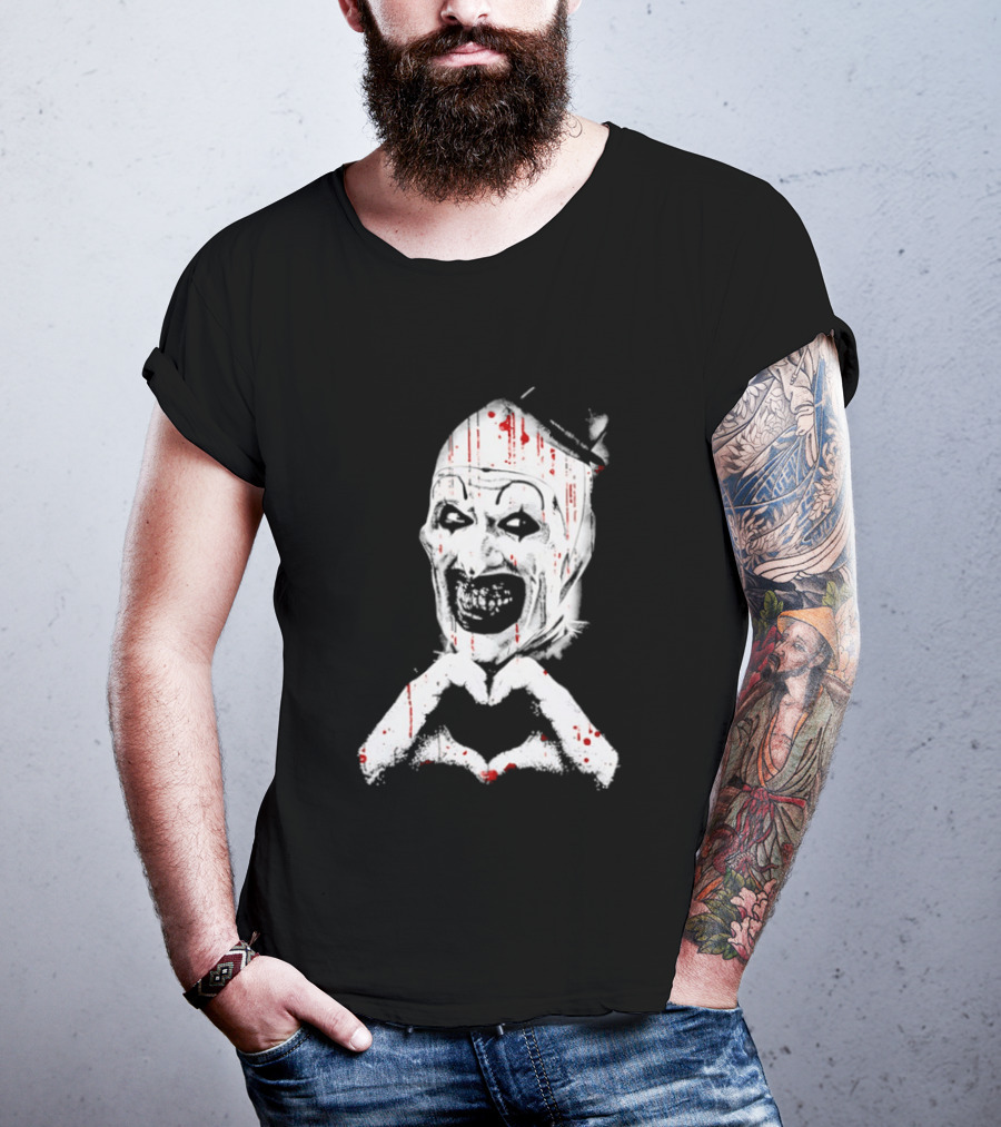 Terrifying Clown With Creepy Heart Hands And Bloody Accents T-Shirt