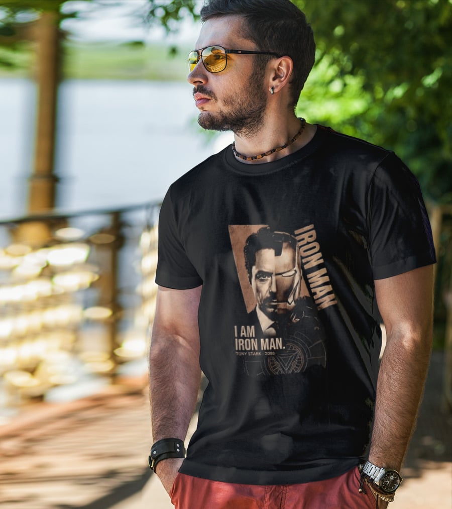 I Am Iron Man Tony Stark 2008 Robert Downey Jr Split Face Iron Man T-Shirt
