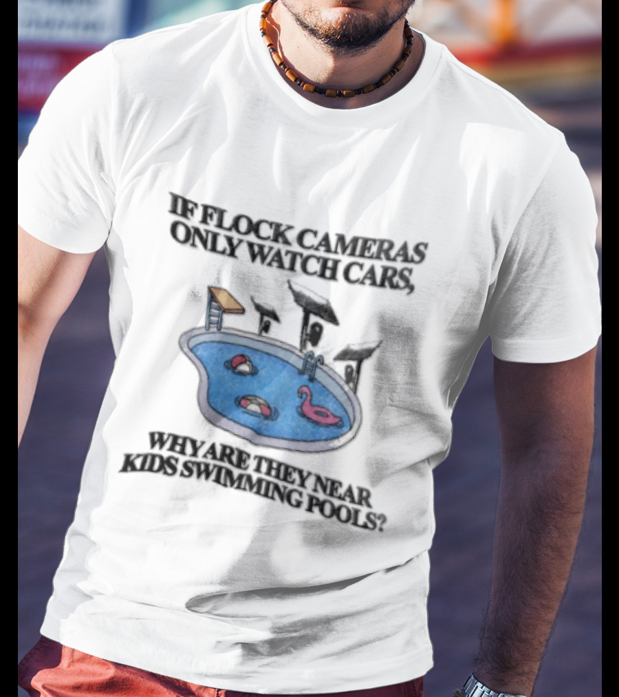 Flock Cameras Cars Near Swimming Pools Pink Flamingo Float Solar Panels Cartoon T-Shirt