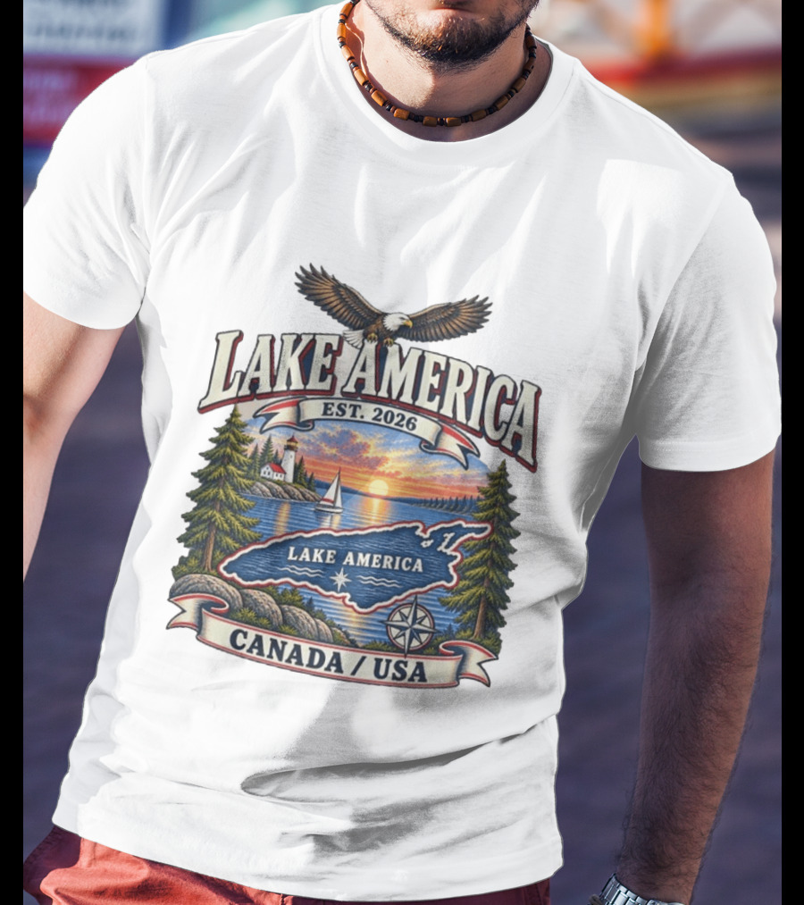 Lake America Est. 2026 Great Lakes Canada USA Scenic Sunset Eagle Sailboat T-Shirt