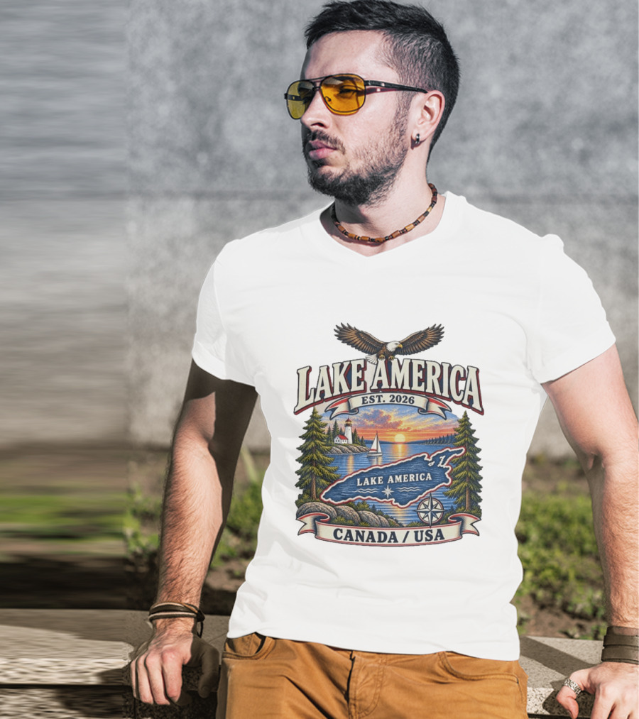 Lake America Est. 2026 Great Lakes Canada USA Scenic Sunset Eagle Sailboat T-Shirt