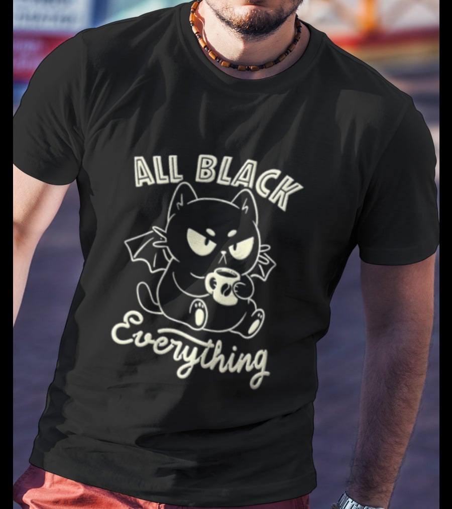 All Black Everything Cartoon Bat Cat Drinking Coffee T-Shirt