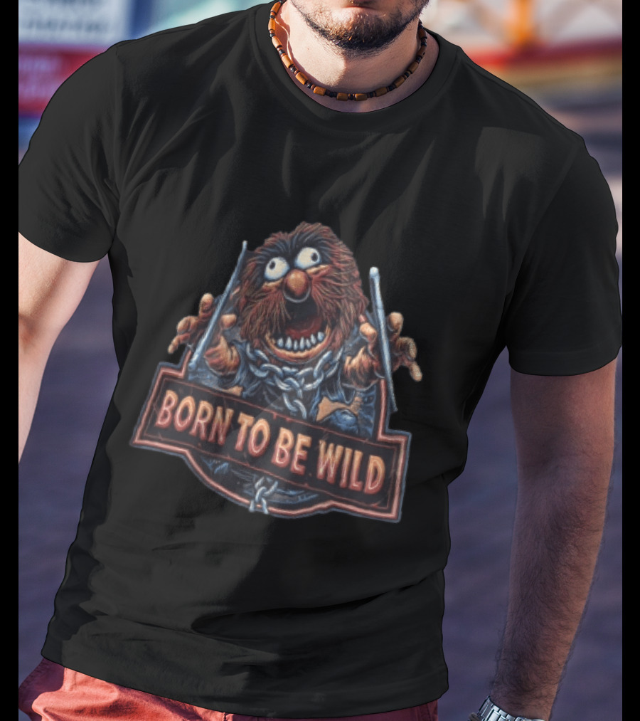 Born To Be Wild Animal Cartoon Drummer Chain Holding Drumsticks T-Shirt