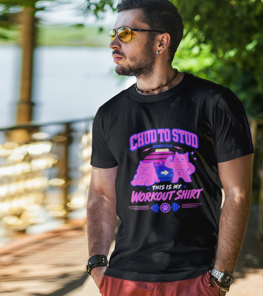 Chud To Stud Fitness Club Workout Transformation With Cute Cats And Paw Print Weights T-Shirt
