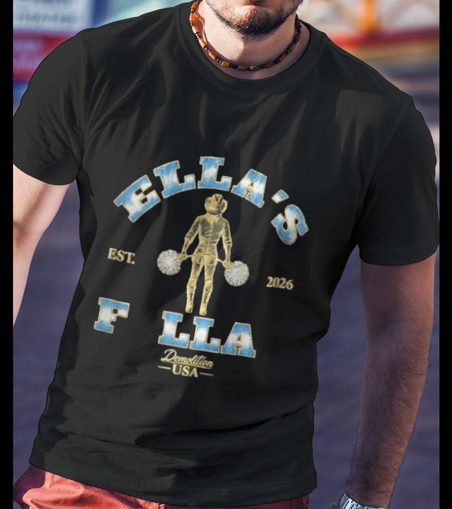 ELLA'S FLLA Est 2026 Demolition USA Golden Cowgirl Cheerleader Back View Holding Pom Poms T-Shirt