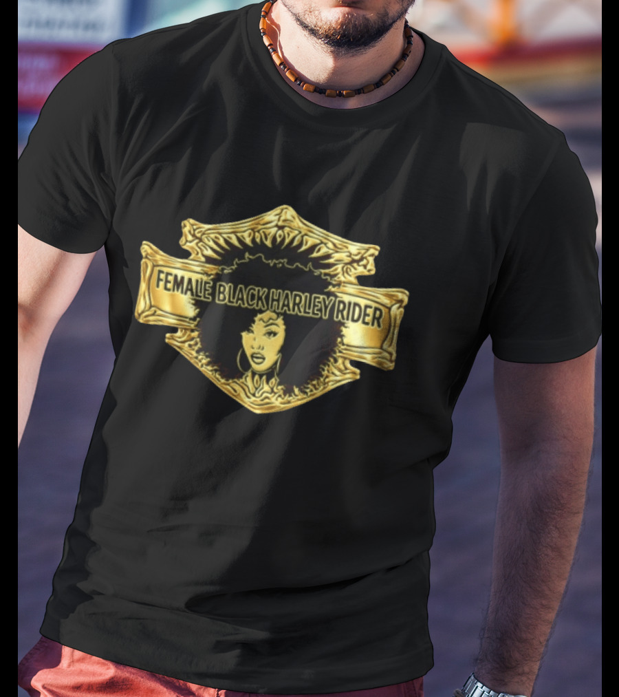 Female Black Harley Rider Gold Ornate Shield Afro T-Shirt