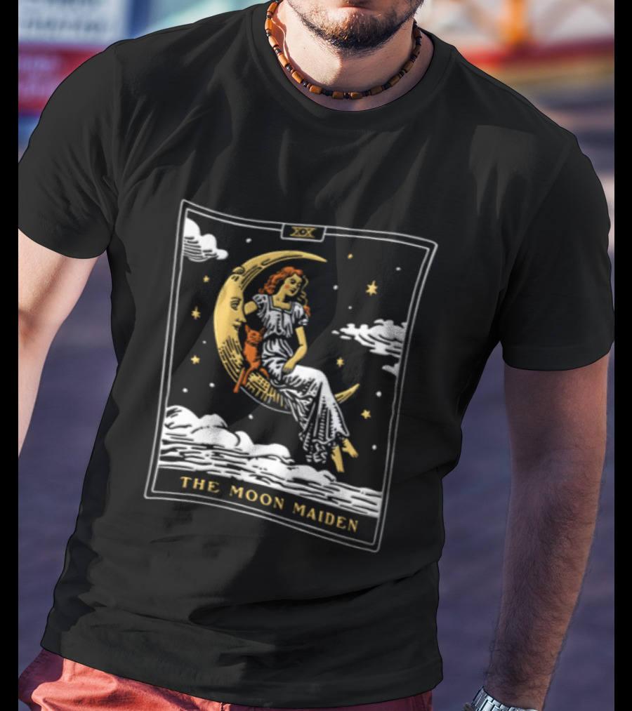 The Moon Maiden Tarot Card Crescent Cat And Stars T-Shirt