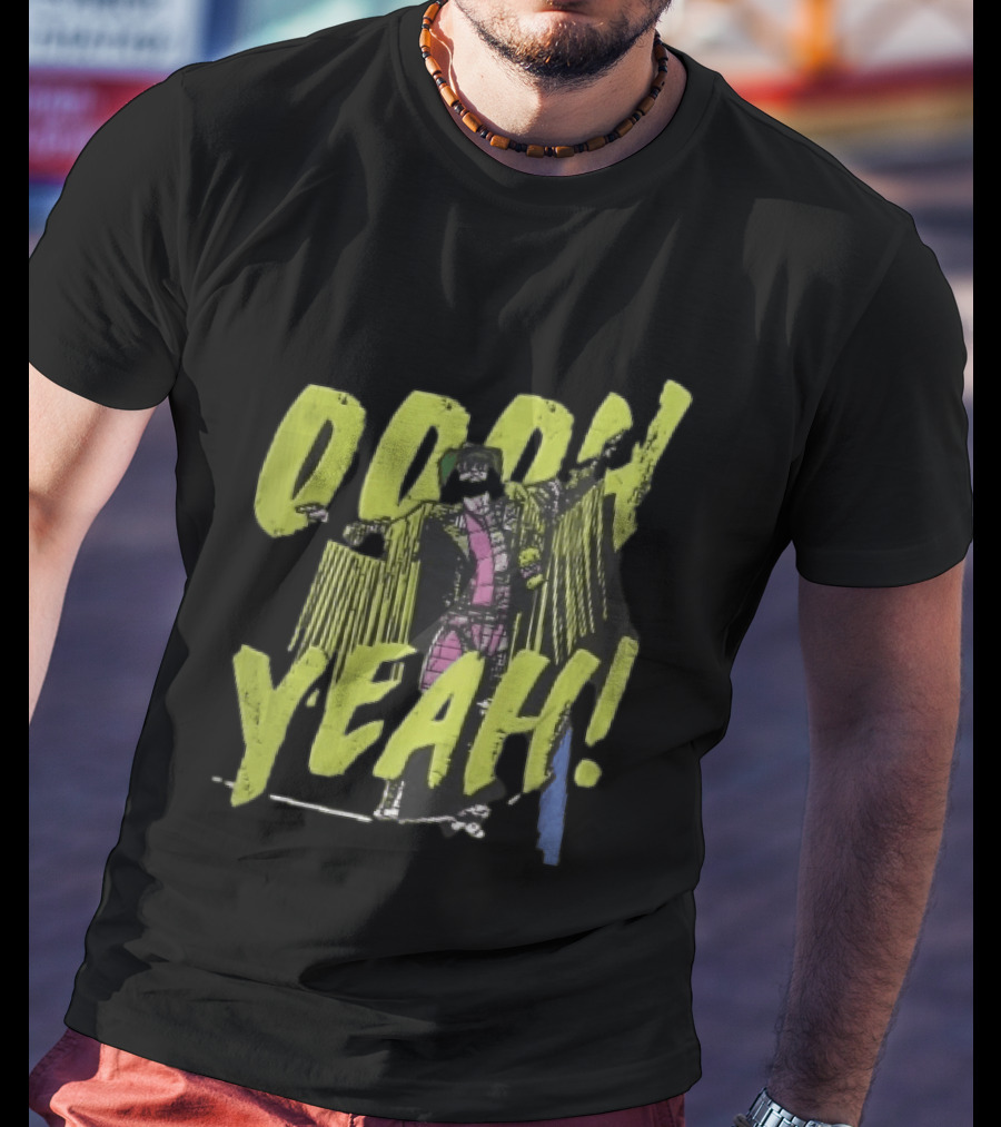 Oooh Yeah Macho Man Randy Savage Wrestler Outstretched Arms Fringed Jacket Distressed Green T-Shirt