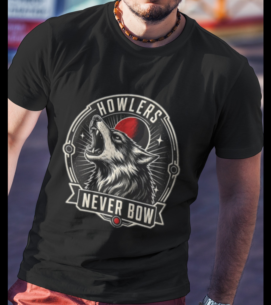 Howlers Never Bow Snarling Wolf Red Moon Celestial T-Shirt