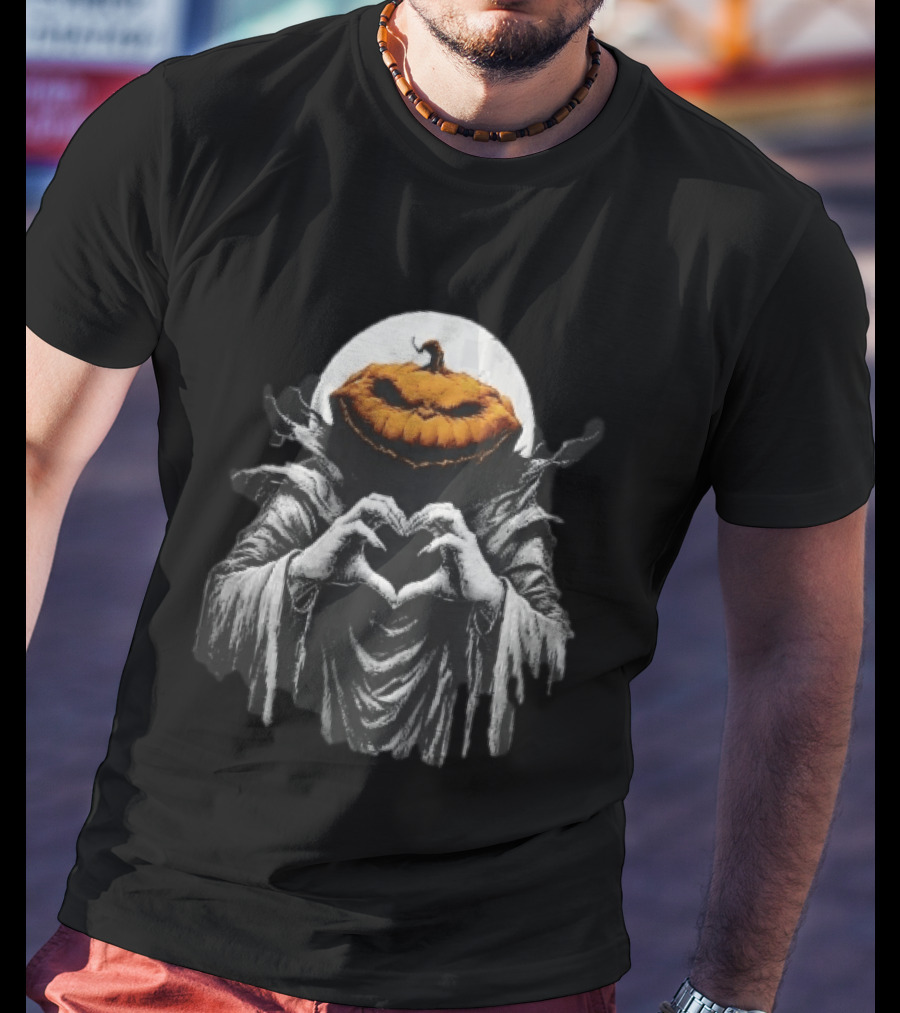 Scary Jack O Lantern Hooded Cloak Heart Hands Full Moon T-Shirt
