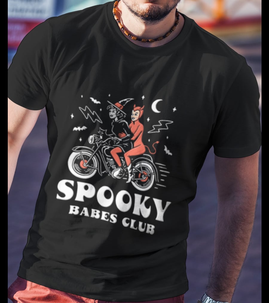 Spooky Babes Club Halloween Witch And Devil Motorcycle Riding T-Shirt