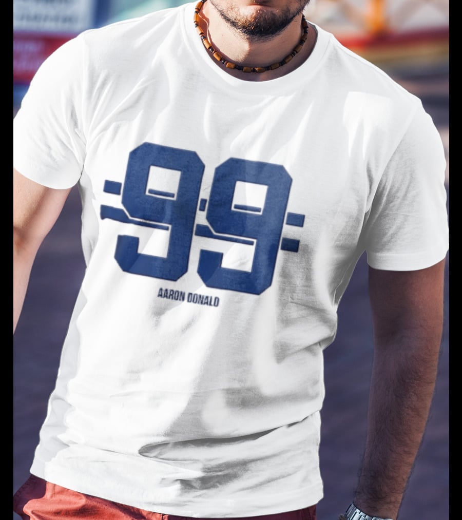 Aaron Donald 99 Blue Jersey Number Block Lettering Horizontal Stripes T-Shirt