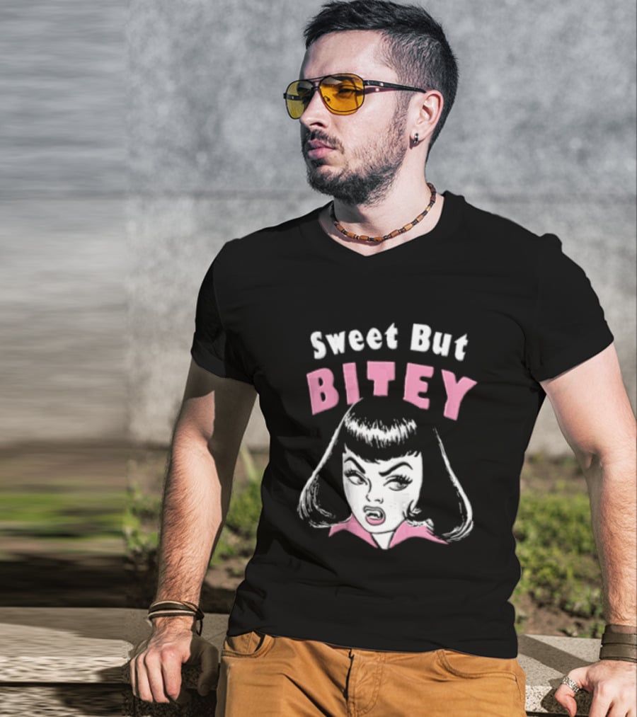 Sweet But Bitey Cartoon Vampire Bangs Graphic Fangs T-Shirt