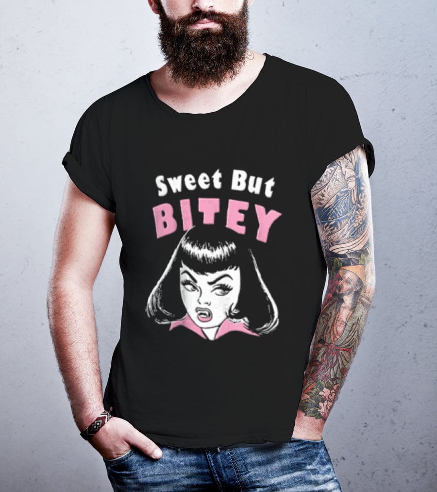 Sweet But Bitey Cartoon Vampire Bangs Graphic Fangs T-Shirt