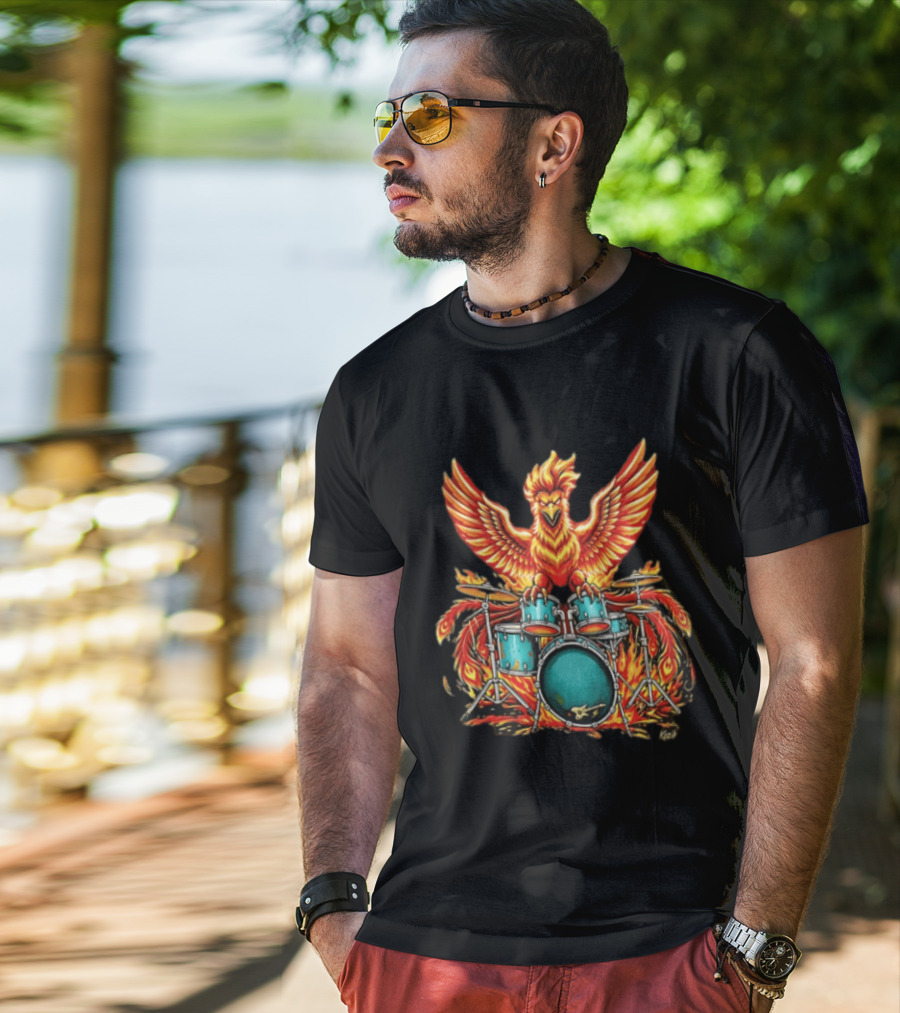 Kozik Phoenix Drummer Rock Drums Fiery Percussion Mythical Bird T-Shirt
