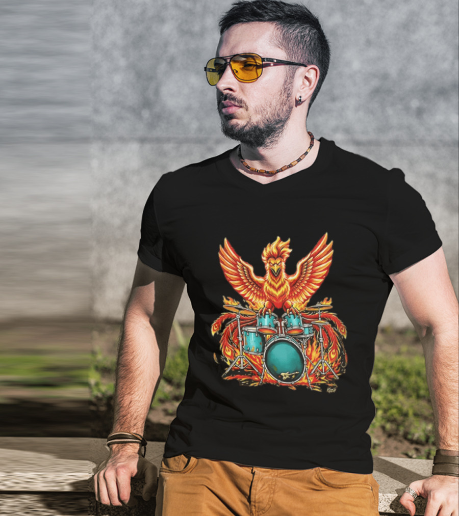 Kozik Phoenix Drummer Rock Drums Fiery Percussion Mythical Bird T-Shirt