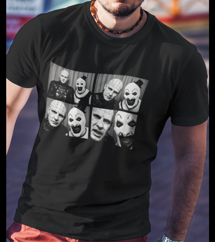 The Clown & Pinhead Horror Mystery Mashup Photo Booth T-Shirt