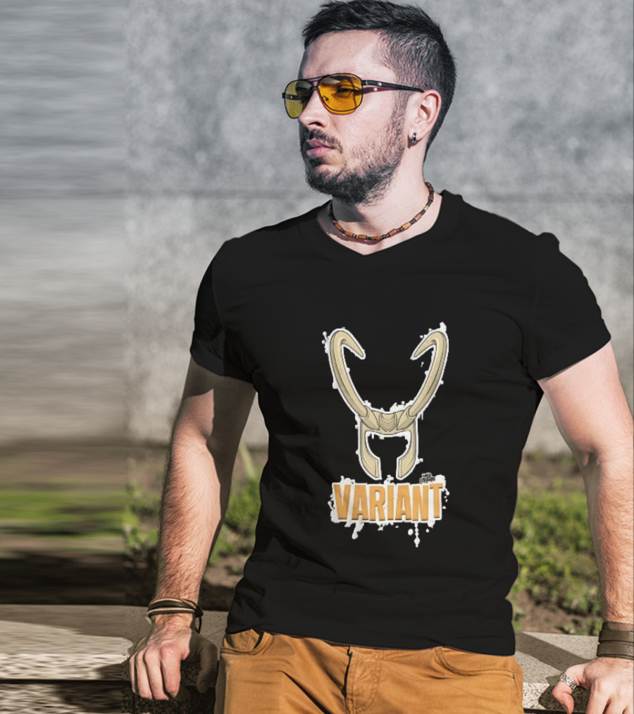 Variant Loki Horned Helmet Golden Horns White Paint Splatter Grunge Cartoon T-Shirt