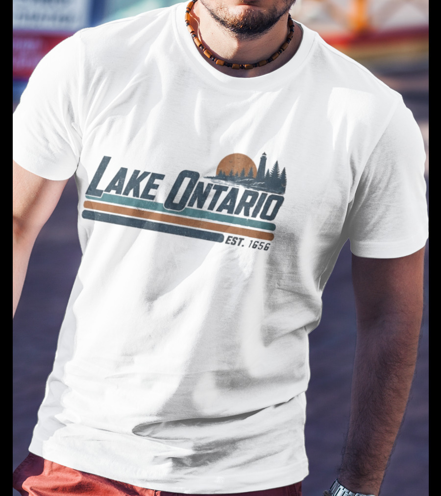 Lake Ontario Established 1956 Vintage Stripe Sunset With Lighthouse And Trees T-Shirt