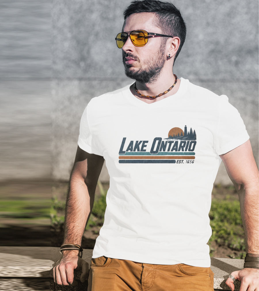 Lake Ontario Established 1956 Vintage Stripe Sunset With Lighthouse And Trees T-Shirt