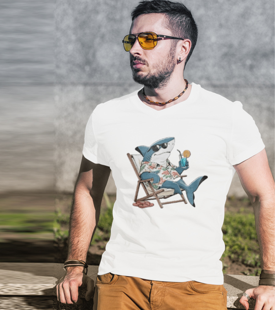 Shark Relaxing In Lounge Chair With Tropical Drink Hawaiian T-Shirt