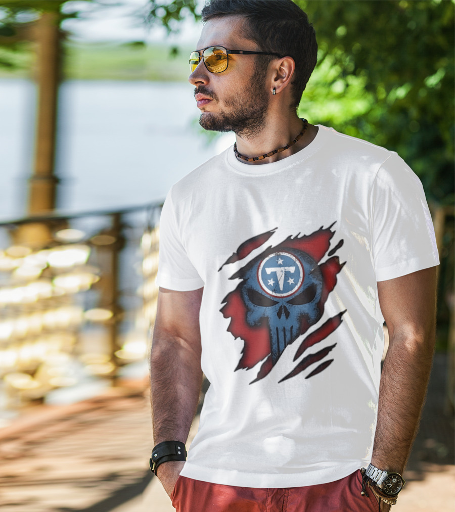 Tennessee Titans Punisher Skull Ripped Red NFL Fan T-Shirt
