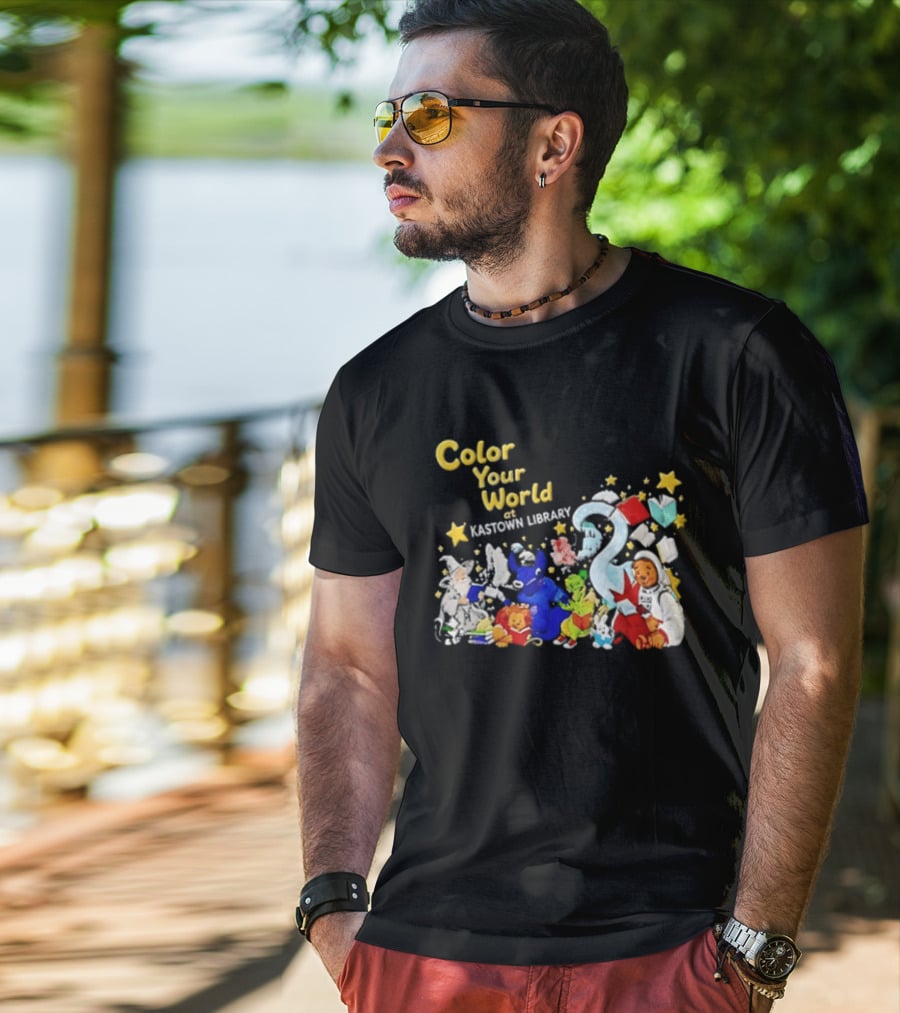 Color Your World At Kastown Library With Reading Books And Vibrant Characters T-Shirt
