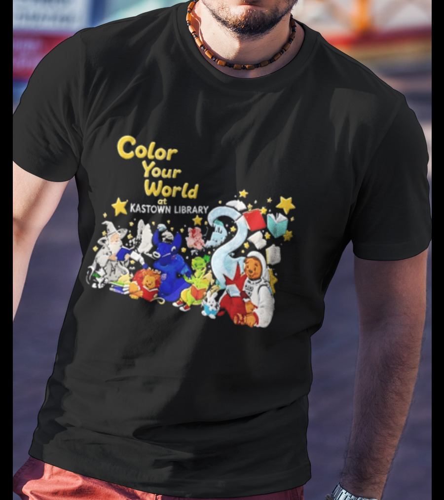 Color Your World At Kastown Library With Reading Books And Vibrant Characters T-Shirt