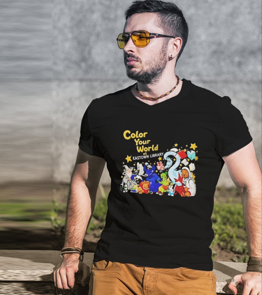 Color Your World At Kastown Library With Reading Books And Vibrant Characters T-Shirt