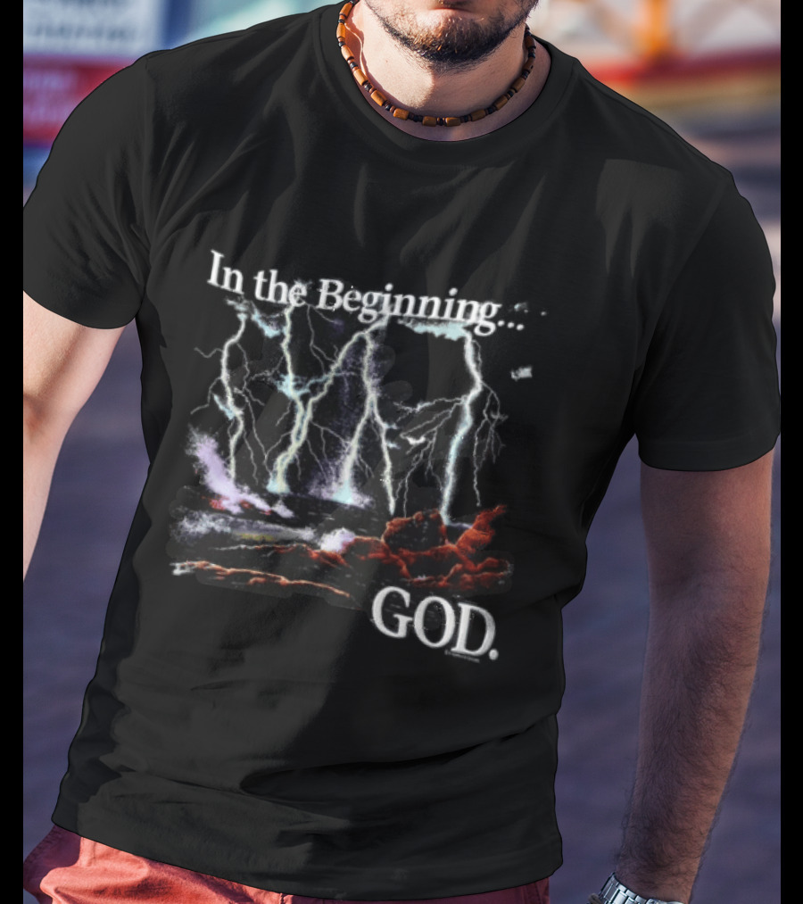 In The Beginning God Lightning Bolts Crashing Waves Rocky Shore T-Shirt