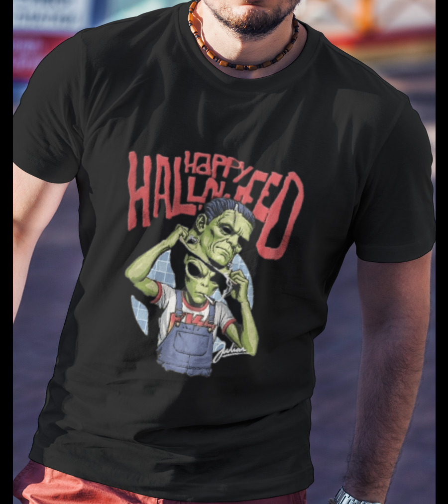 Happy Halloween Julian Green Alien Frankenstein Smoking Cigarette T-Shirt