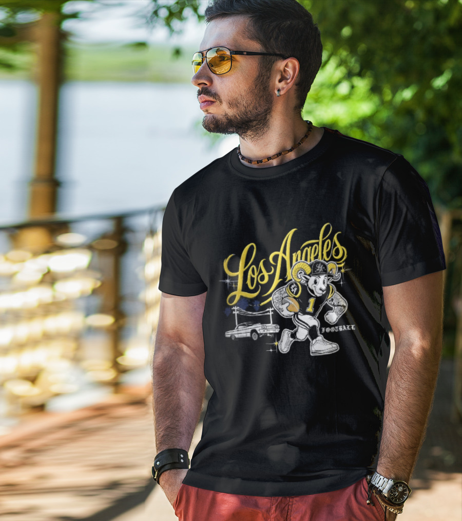 Los Angeles Rams Cartoon Ram Running Lowrider Car Football T-Shirt