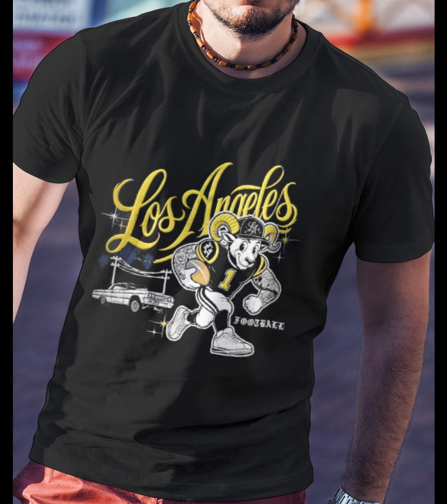 Los Angeles Rams Cartoon Ram Running Lowrider Car Football T-Shirt