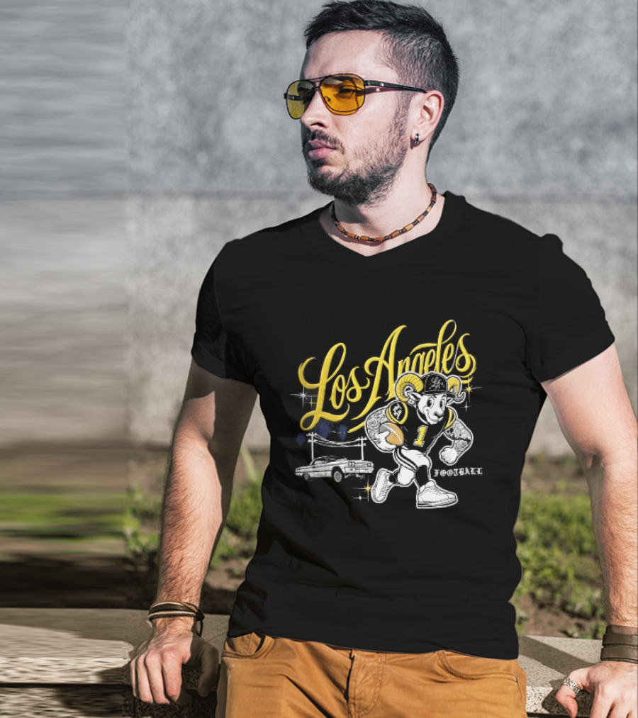 Los Angeles Rams Cartoon Ram Running Lowrider Car Football T-Shirt