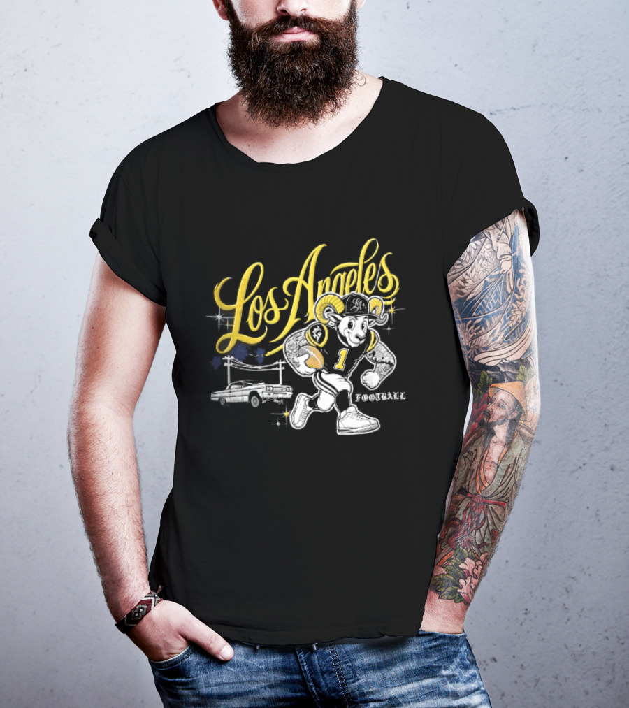 Los Angeles Rams Cartoon Ram Running Lowrider Car Football T-Shirt