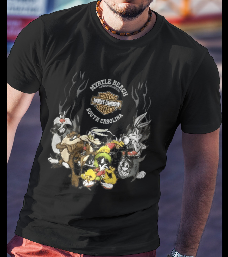 Myrtle Beach Harley Davidson Motor Cycles South Carolina Looney Tunes Bugs Bunny Daffy Duck Taz Sylvester Wile E Coyote T-Shirt