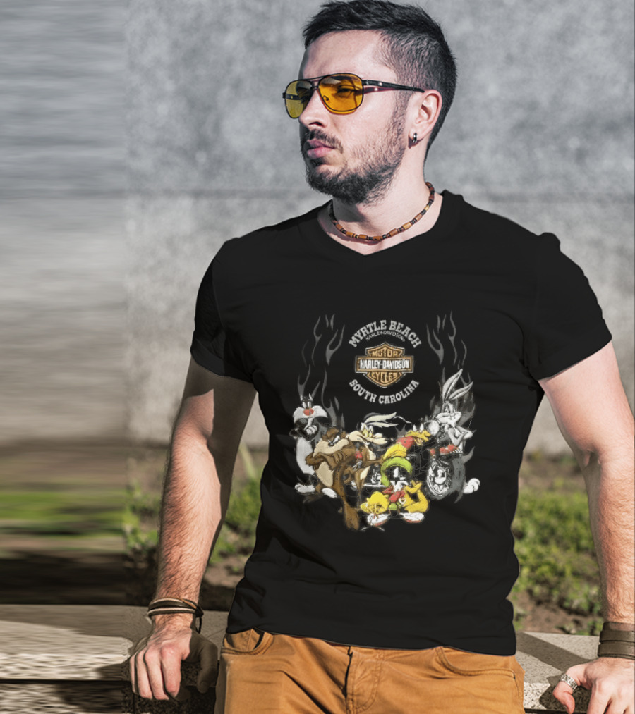 Myrtle Beach Harley Davidson Motor Cycles South Carolina Looney Tunes Bugs Bunny Daffy Duck Taz Sylvester Wile E Coyote T-Shirt